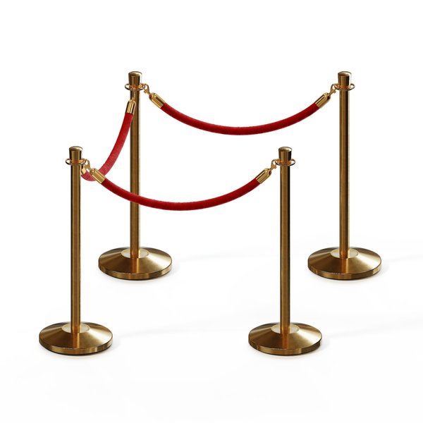 Montour Line Stanchion Post and Rope Kit Sat.Brass, 4 Crown Top 3 Red Rope C-Kit-4-SB-CN-3-PVR-RD-PB